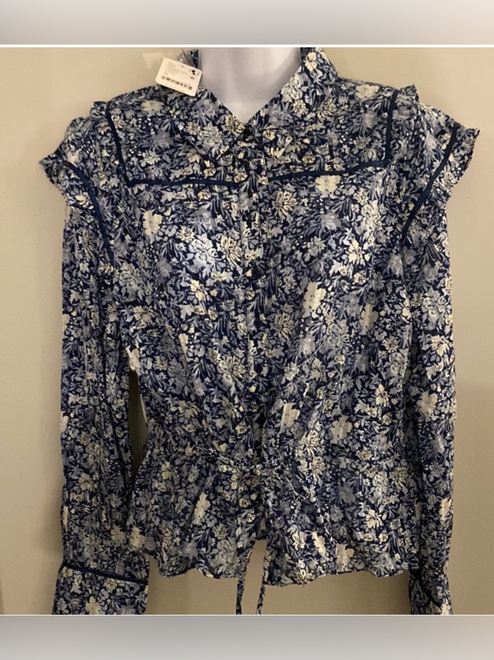 Free People Navy and White Floral Tie-Waist Blouse